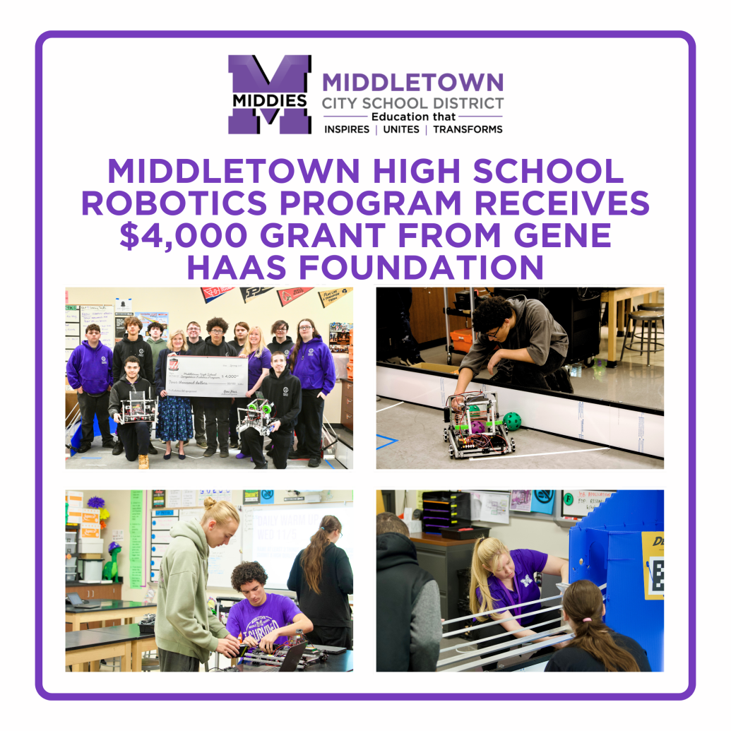 students standing on the field for robotics, holding a big check! 